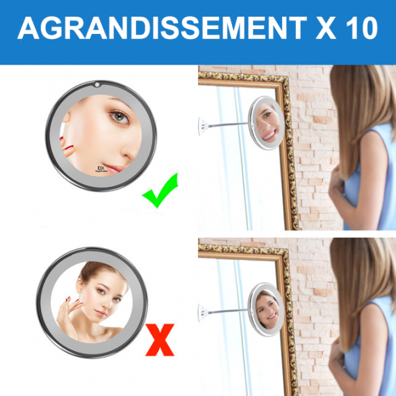 Miroir Maquillage Grossissant 10X Éclairage à LED - Miroir à Ventouse Flexible